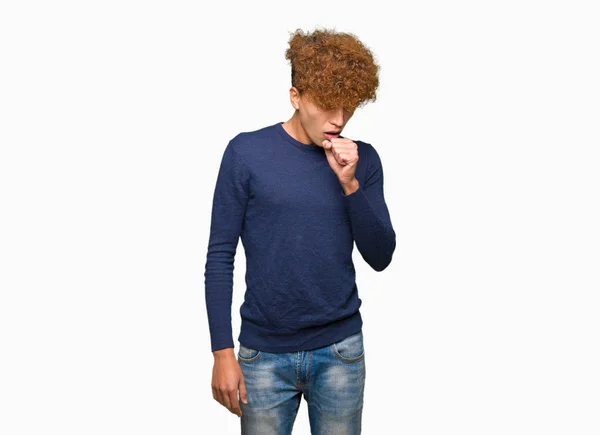 Young Handsome Man Afro Hair Feeling Unwell Coughing Symptom Cold — Stock Photo, Image