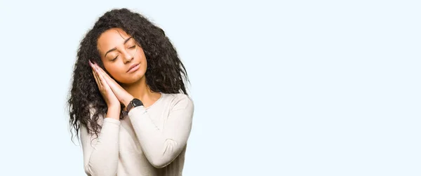 Young Beautiful Girl Curly Hair Wearing Casual Sweater Sleeping Tired Stock Image