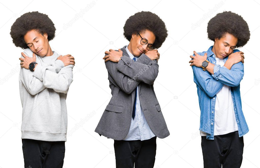 Collage of young man with afro hair over white isolated background Hugging oneself happy and positive, smiling confident. Self love and self care