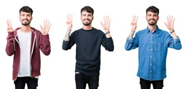 Kolaj gösterilen ve parmakları ile işaret izole arka plan üzerinde genç adamın kendinden emin ve mutlu gülümseyerek süre sekiz numara.