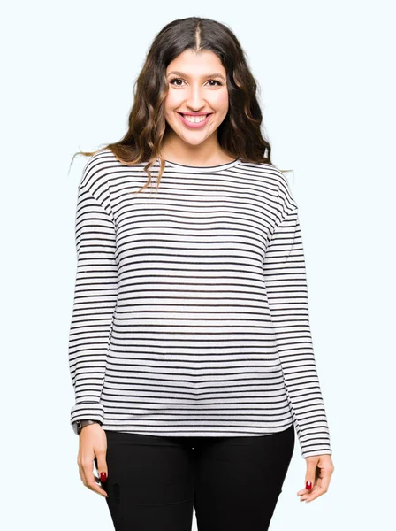 Young Beautiful Woman Wearing Stripes Sweater Happy Cool Smile Face — Stock Photo, Image