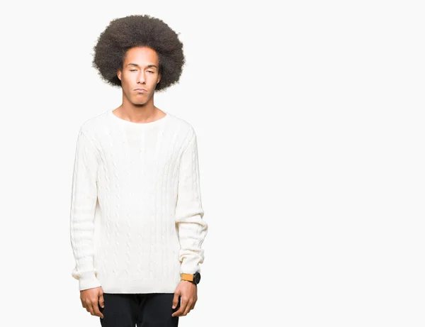 Jovem Afro Americano Com Cabelo Afro Vestindo Suéter Inverno Deprimido — Fotografia de Stock