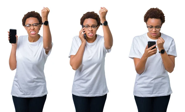 Collage Mujer Afroamericana Joven Con Pelo Afro Usando Smartphone Molesto —  Fotos de Stock