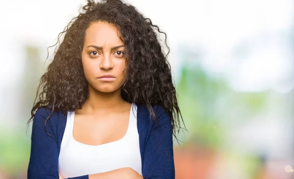 Young Beautiful Girl Curly Hair Skeptic Nervous Disapproving Expression Face — Stock Photo, Image