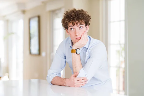 Young Business Man Curly Read Head Thinking Looking Tired Bored — Stock Photo, Image