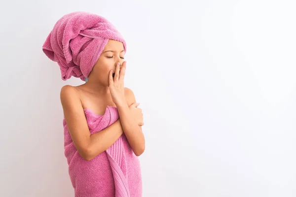 Beautiful Child Girl Wearing Shower Towel Bath Standing Isolated White Stock Photo