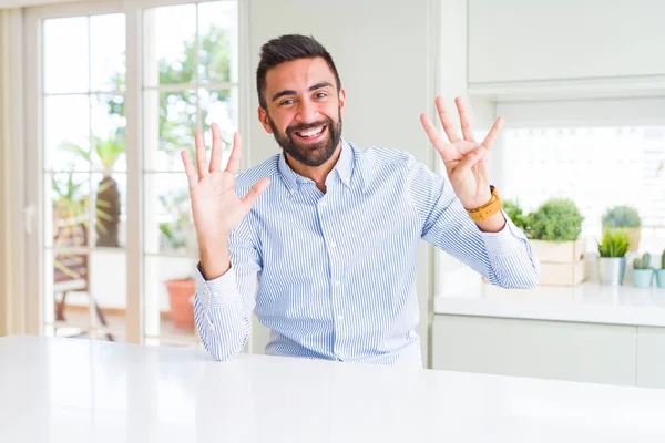 Handsome Hispanic Business Man Showing Pointing Fingers Number Nine While — Stock Photo, Image