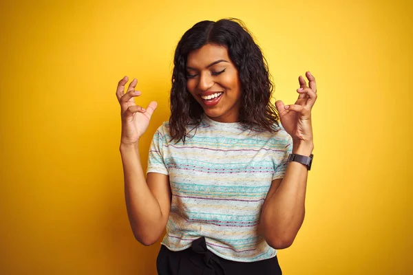 Beautiful Transsexual Transgender Woman Wearing Shirt Isolated Yellow Background Celebrating — Stock Photo, Image