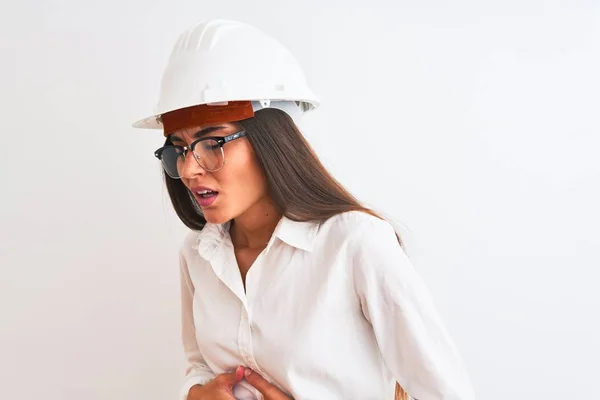Młoda Piękna Architekt Kobieta Kasku Okularach Odizolowanym Białym Tle Ręką — Zdjęcie stockowe