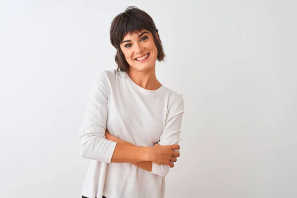 Junge Schöne Frau Lässigem Shirt Vor Isoliertem Weißem Hintergrund Glücklich — Stockfoto