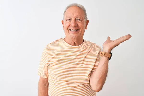 Homem Cabelos Grisalhos Sênior Vestindo Camiseta Listrada Sobre Fundo Branco — Fotografia de Stock