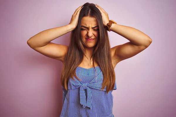 Young Beautiful Woman Wearing Striped Dress Standing Isolated Pink Background — Stock Photo, Image