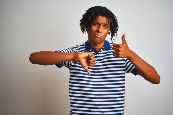 Afro Man Dreadlocks Wearing Striped Blue Polo Standing Isolated White — Stock Photo, Image