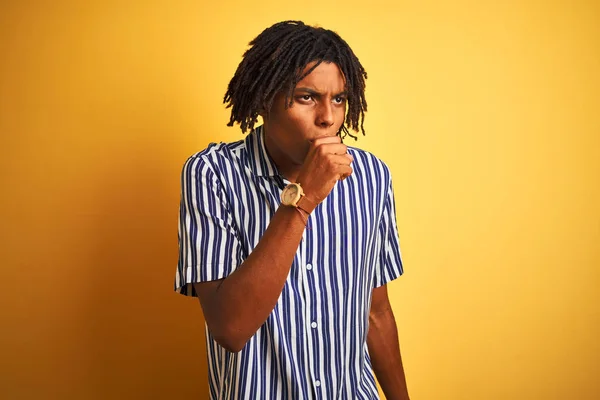 Afro Man Dreadlocks Wearing Casual Striped Shirt Isolated Yellow Background — Stock Fotó
