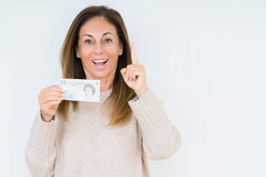 Arka planda 2 kilo banknot tutan orta yaşlı bir kadın bir fikir ya da soruyla şaşırmış ve mutlu yüzle işaret etmiş.