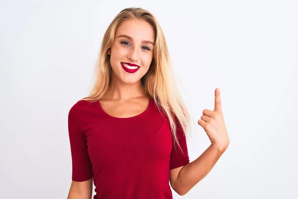 Young Beautiful Woman Wearing Red Shirt Standing Isolated White Background — Stock Photo, Image