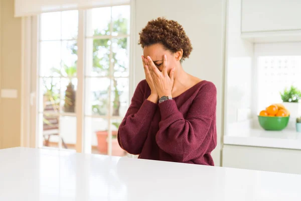 Young Beautiful African American Woman Home Sad Expression Covering Face — Stock Photo, Image