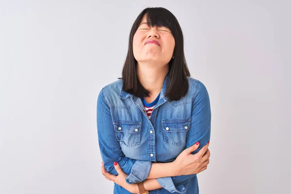 Mulher Chinesa Bonita Nova Vestindo Camisa Ganga Sobre Fundo Branco — Fotografia de Stock