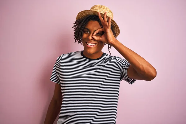 Afro American Man Dreadlocks Wearing Navy Shirt Hat Isolated Pink — 스톡 사진