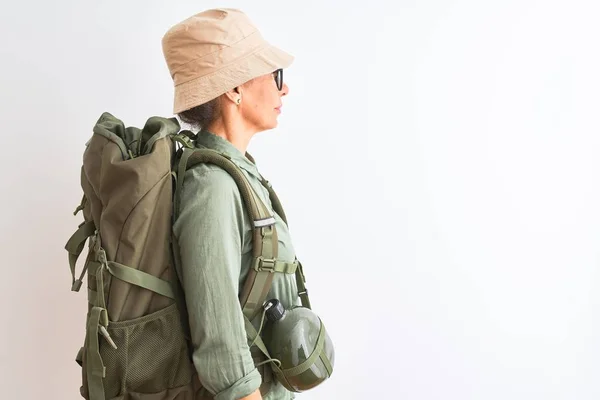 Middle Age Hiker Woman Wearing Backpack Canteen Hat Glasses Isolated — Stock Photo, Image