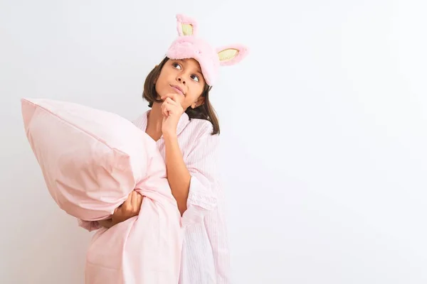 Child Girl Wearing Sleep Mask Pajama Holding Pillow Isolated White — Stock Photo, Image