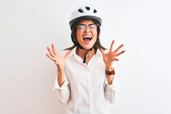 Mulher Negócios Bonita Usando Óculos Capacete Bicicleta Sobre Fundo Branco — Fotografia de Stock