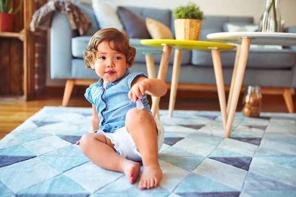 Beautiful Toddler Child Girl Wearing Denim Shirt Sitting Carpet — Stock Photo, Image