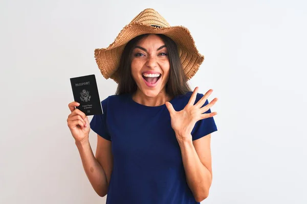 Beautiful Tourist Woman Wearing Hat Holding Usa Passport Isolated White — ストック写真