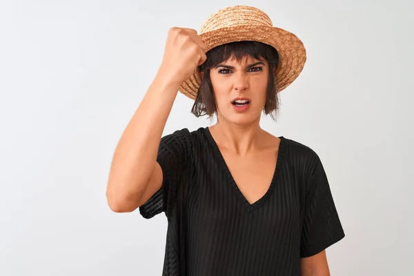 Young Beautiful Woman Wearing Black Shirt Hat Standing Isolated White — Stock Photo, Image