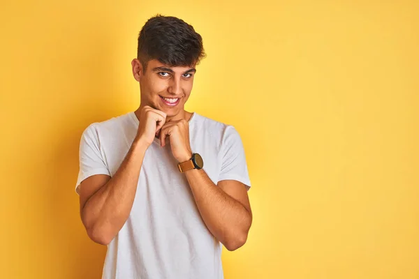 Young Indian Man Wearing White Shirt Standing Isolated Yellow Background — Stock Photo, Image