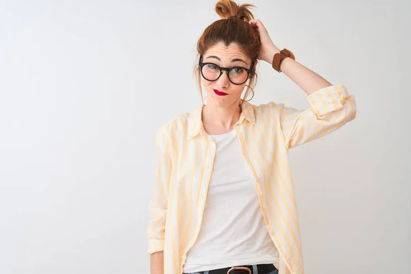 Redhead Woman Wearing Striped Shirt Glasses Standing Isolated White Background — Stock Photo, Image
