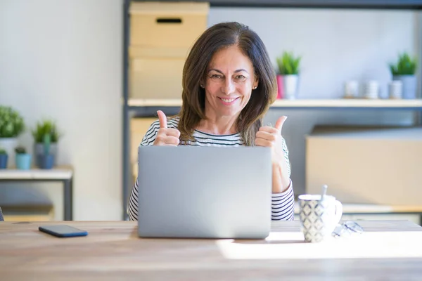 Medelålders Senior Kvinna Sitter Vid Bordet Hemma Arbetar Med Dator — Stockfoto