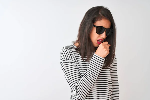 Chinese Woman Wearing Striped Shirt Sunglasses Standing Isolated White Background — Stock Photo, Image