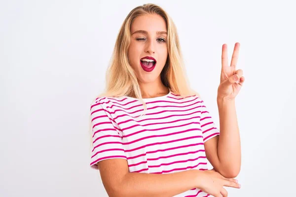 Young Beautiful Woman Wearing Pink Striped Shirt Standing Isolated White — Stock Photo, Image
