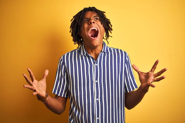 Afro Man Dreadlocks Wearing Casual Striped Shirt Isolated Yellow Background — Stock Photo, Image