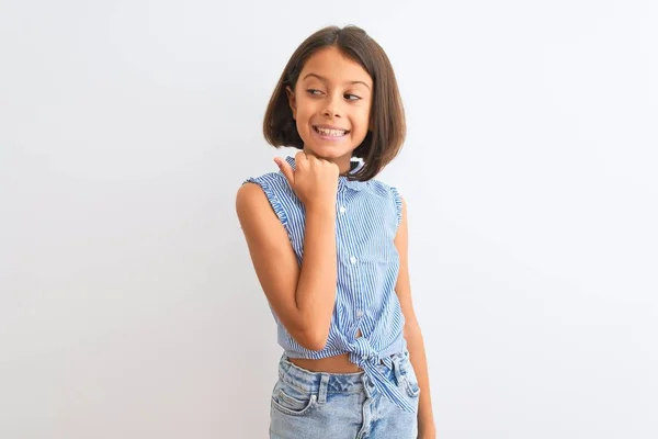 Jovem Menina Bonita Vestindo Camisa Casual Azul Sobre Fundo Branco — Fotografia de Stock