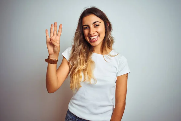 Jovem Bela Mulher Vestindo Casual Branco Shirt Sobre Isolado Fundo — Fotografia de Stock