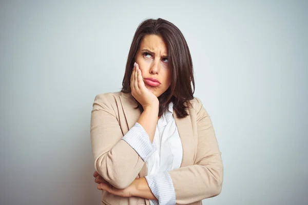 Jonge Zakenvrouw Met Mooie Elegante Geïsoleerde Achtergrond Denken Zoek Moe — Stockfoto