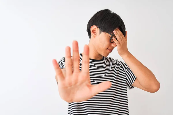 Chinese Man Wearing Glasses Navy Striped Shirt Standing Isolated White — Stock Photo, Image