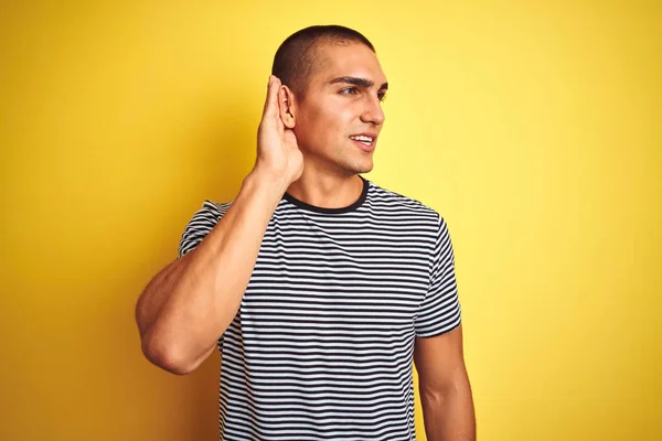 Young Handsome Man Wearing Striped Shirt Yellow Isolated Background Smiling — Stock Photo, Image