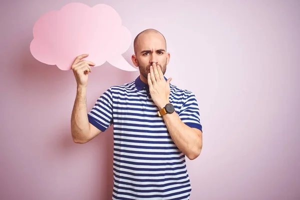 Young Man Holding Speech Bubble Blank Space Message Pink Isolated — 图库照片
