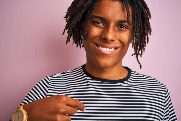 Afro American Man Dreadlocks Wearing Navy Striped Shirt Isolated Pink — 스톡 사진