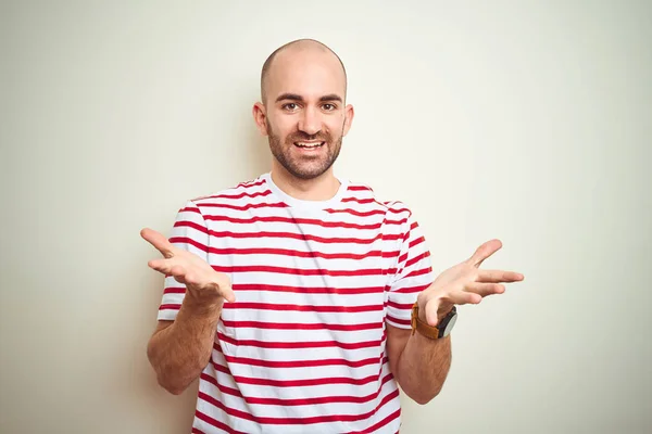 Young Bald Man Beard Wearing Casual Striped Red Shirt White — 스톡 사진