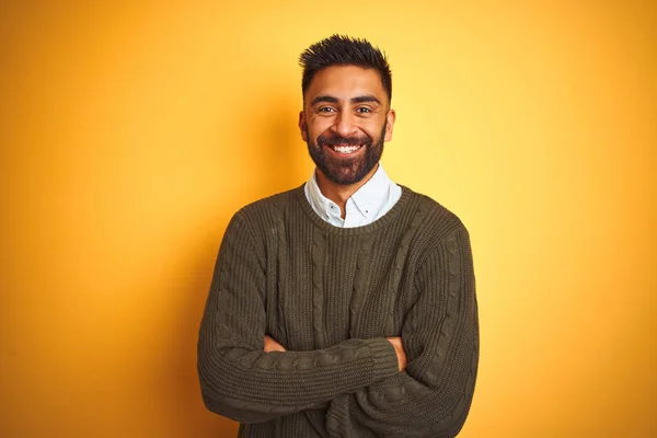 Young Indian Man Wearing Green Sweater Shirt Standing Isolated Yellow — Stock Photo, Image