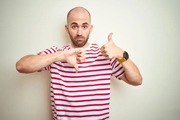 Young Bald Man Beard Wearing Casual Striped Red Shirt White — 스톡 사진