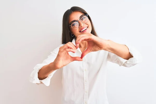 Young Beautiful Businesswoman Wearing Glasses Standing Isolated White Background Smiling — ストック写真