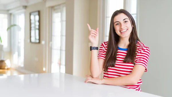 Beautiful Young Woman Wearing Casual Stripes Shirt Big Smile Face — Stock Photo, Image