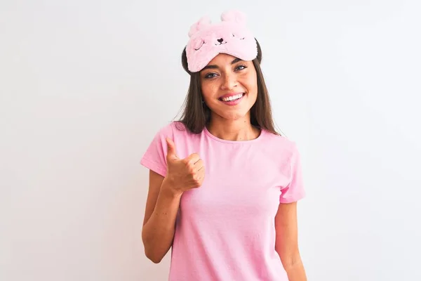 Jovem Mulher Bonita Vestindo Máscara Sono Sobre Fundo Branco Isolado — Fotografia de Stock