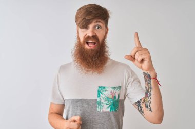 Genç kızıl İrlandalı adam başarılı bir fikir ile parmak işaret izole beyaz arka plan üzerinde duran t-shirt giyiyor. Çıktı ve mutlu. Bir numara.