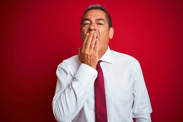 Handsome Middle Age Businessman Standing Isolated Red Background Bored Yawning — Stock Photo, Image